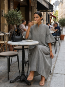 Women's Premium Vintage Black & White Checkered 100% Cotton Loose Mandarin Collar And Flared Sleeves Maxi Dress ZMZ0532F1ZYY