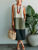 Women's Natural Casual Style Linen-Blend Three-Tone Color Block Sleeveless Shift Midi Dress ZMZ0312F9YZH