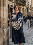 Women's Vintage Casual Vertical Stripe Print Henley neck Lantern Sleeve Loose Blouse ZMZ0253G8ZYY