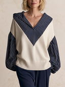 Women Hooded Color Block Knit Pullover Top, V‑Neck Striped Lantern Long Sleeve Loose Casual Sweater Blouse ZMZ2105H7YZH