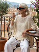 Women's French-style Elegant Openwork Hem And Tassels Long-sleeve Crew-neck Sweater ZMZ2178G1ZYY