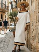 Women's Casual Vacation-Style Cotton-Linen Blend Patchwork Dress — Loose-Fit, Short-Sleeve, Square Neck Maxi Dress ZMZ0798E6ZYY