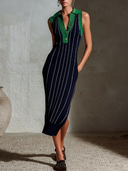 Women's French Elegant Casual Style Sleeveless Ribbed Knit Polo Midi Dress With Color-Block & Stripes ZMZ0615E3YZH