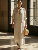 Women's Casual Cotton And Linen Blend V-neck Maxi Dress ZMZ2083A4K