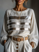Women's Retro Casual Cotton Linen Sequin Striped Patchwork Crew Neck Pullover Shirt ZMZ0735H1ZJY