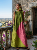 Women's Casual Retro Vacation-Style Dress — Color-Block, Round Neck, Sleeveless, Loose-Fit Cotton-Linen Maxi Dress ZMZ2504E1ZYY