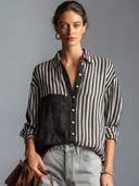Women's Vintage Casual Cotton-Linen Vertical-Stripe Long-Sleeve Shirt ZMZ0262G1ZYY