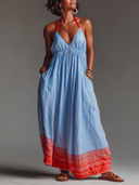 Women's Vacation Style Blended Halter Neck Striped Hem Maxi Dress With Pockets ZMZ2496D4YZH