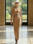 Women's Elegant Vintage-style Knitted Polo Collar Fitted Sleeveless Maxi Dress ZMZ1204B3K