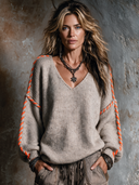 Women's French-style Relaxed V-neck Color-blocked Knit Sweater ZMZ2623H1XT