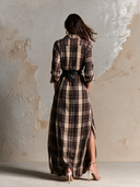 Women's Retro Casual Elegant Plaid Lapel Long Sleeve Maxi Dress ZMZ2652H4ZJY