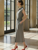 Women's High-End French Style Cotton Linen Sleeveless Slim Fit Midi Dress ZMZ1449B4K