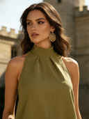 Women's Retro Solid Color Cotton Linen High Neck Tank Top And Skirt Casual Two-Piece Set ZMZ2664B1TO