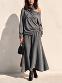 Women's Stylish Grey Knit Blend Set: Embroidered One-Shoulder Top And Skirt ZMZ2865H6SWL