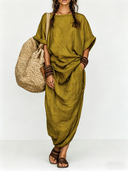 Women's Vintage Cotton-Linen Round-Neck Short-Sleeve Maxi Dress ZMZ0279E8XT