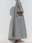 Women's Premium Vintage Black & White Checkered Loose Mandarin Collar And Flared Sleeves Maxi Dress ZMZ0532F1ZYY