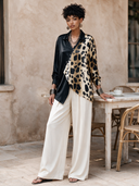Women's Classic Acetate Satin V-Neck Color-Block Leopard Print Long-Sleeve Shirt ZMZ2681H3SWL