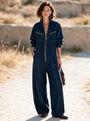 Women's Classic Dark Blue Tencel Denim Zip-Front Jumpsuit ZMZ2119H1SWL