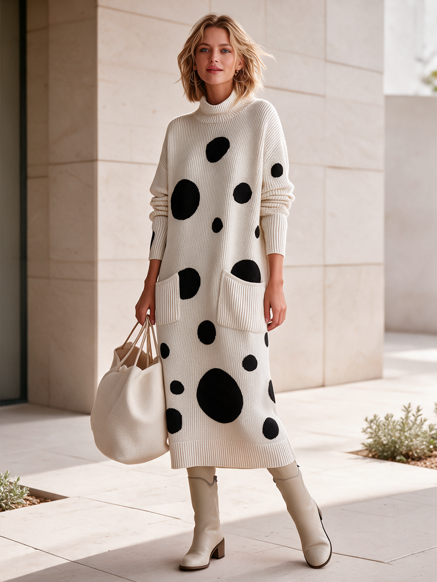 Women's Elegant Polka-Dot Long-Sleeve High-Stretch Knit Midi Dress ZMZ0723I6SWL