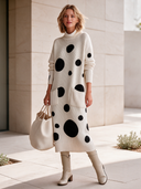 Women's Elegant Polka-Dot Long-Sleeve High-Stretch Knit Midi Dress ZMZ0723I6SWL