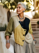 Women's Classic Autumn Color-Block Cotton-Linen Long-Sleeve Shirt ZMZ1899H4SWL