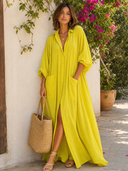 Women's Vacation-Style Flowy Lemon Yellow Cotton-Linen Oversized Shirt Dress ZMZ0350G9SWL