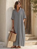 Women's Classic Vertical-stripe Zip-front Stand-collar Maxi Dress ZMZ0201G5SWL