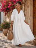 Women's Breezy Cotton-linen Maxi Dress With Lettuce-edge V-neck—perfect For Vacation ZMZ0340G0SWL
