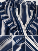 Women's Stylish Blue And White Striped Chiffon V-Neck Long-Sleeve Top With Ruffles And Tie Detail ZMZ0396G7SWL