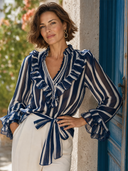 Women's Stylish Blue And White Striped Chiffon V-Neck Long-Sleeve Top With Ruffles And Tie Detail ZMZ0396G7SWL