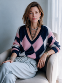Women's Classic Color-Block Argyle V-Neck Knit Pullover Sweater ZMZ1094J3SWL