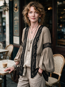 Women's Classic Khaki Cotton Linen Lace Trim Unbuttoned Long-Sleeve Shirt ZMZ2417H1SWL