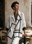 Women's Retro-style Cotton And Linen Color-blocked Two-button Long-sleeved Jacket（Three-quarter sleeves）ZMZ0326H9SWL