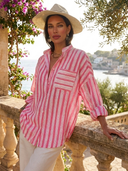 Women's Fashion Stand Collar Pink Striped Cotton Long-Sleeve Shirt ZMZ2923G8SWL