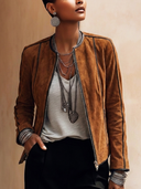 Women's Classic And Stylish Grey-white Faux Suede Color-blocked Zip-up Jacket ZMZ1063H8SWL