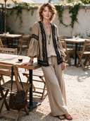 Women's Classic Khaki Cotton Linen Lace Trim Unbuttoned Long-Sleeve Shirt ZMZ2417H1SWL