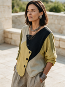 Women's Classic Autumn Color-Block Cotton-Linen Long-Sleeve Shirt ZMZ1899H4SWL