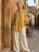 Women's Vintage Casual Cotton-Linen Vertical-Stripe Stand-Collar Lantern-Sleeve Shirt And Corduroy Wide-Leg Pants Set ZMZ2911G9ZYY