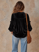 Women’s Vintage-Style V-Neck Velvet Shirt With Lantern Sleeves And Subtle Embroidery – Relaxed Fit ZMZ3080J9ZYY