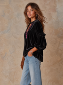 Women’s Vintage-Style V-Neck Velvet Shirt With Lantern Sleeves And Subtle Embroidery – Relaxed Fit ZMZ3080J9ZYY