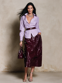 Women's Retro Casual Striped Print Long-Sleeve Shirt And Glossy PU Skirt Set ZMZ0722I4ZJY