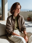 Women's Vintage-Style Elegant Casual Knit Cardigan With Leopard Print Panel And Stand-Up Collar Zipper ZMZ1895I6ZYY