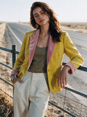 Women's French-style Elegant Single-breasted Color-Block Corduroy Blazer With Pink Velvet Lapel ZMZ1891I3ZYY