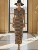 Women's Casual Old-fashion Style Knitted Striped Short-sleeved Maxi Dress ZMZ1156B4K