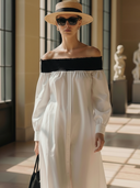 Women's Elegant Old-money Style Off-the-shoulder Pure Cotton Long-sleeved Maxi Dress ZMZ0668B3K