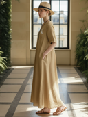 Women's High-end Old-money Style Cotton And Linen Blend Embroidered Short-sleeved Maxi Dress ZMZ2872B1K