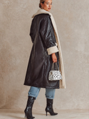 Women's Solid Color Faux Leather Color-blocked Fleece Long Coat ZMZ3042I2XT