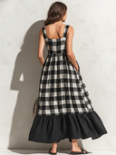 Women's Vintage Casual Cotton-Linen Plaid Ruffled Sleeveless Maxi Dress ZMZ0287F1ZJY