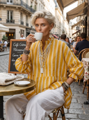 Women's Casual Retro Stand Collar, Vertical Stripes, Linen Blend, Half-Sleeves Loose-Fit Shirt ZMZ2818E2ZYY