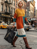 Women's Retro-American Style Casual Color-Block Crew-Neck Long-Sleeve Loose Midi Knit Dress ZMZ0714H5ZYY